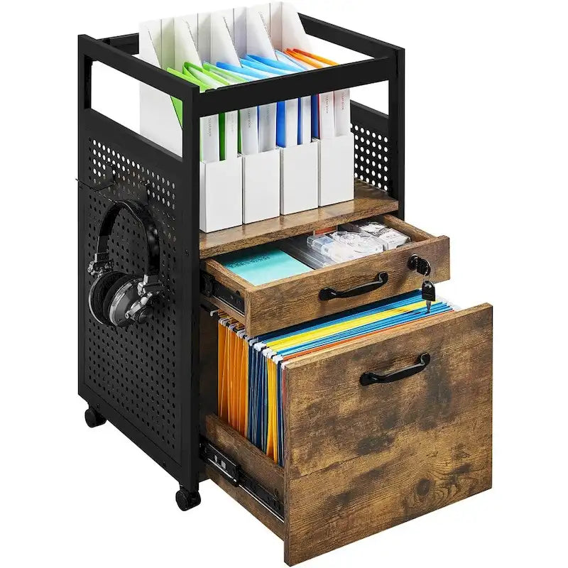 Rolling File Cabinet with Open Shelf and Lockable Drawer