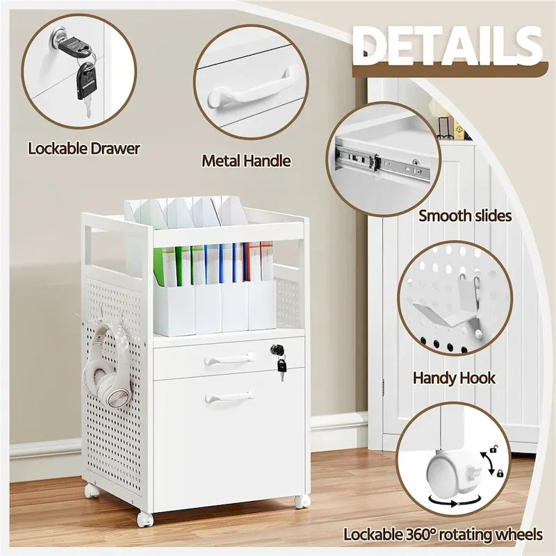 Rolling File Cabinet with Open Shelf and Lockable Drawer