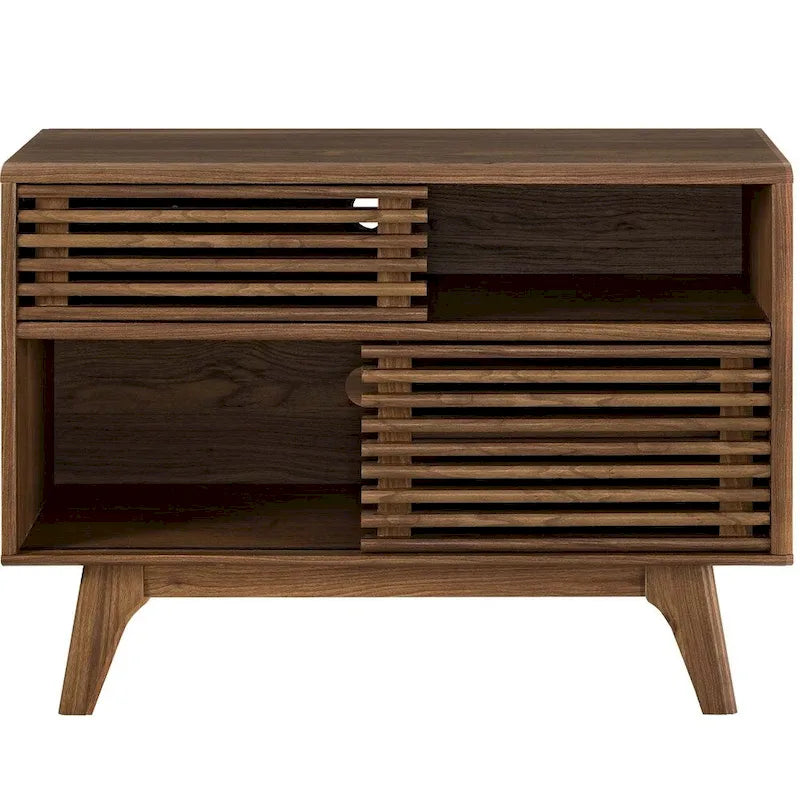 Mid-Century Walnut Display Stand with Sliding Doors