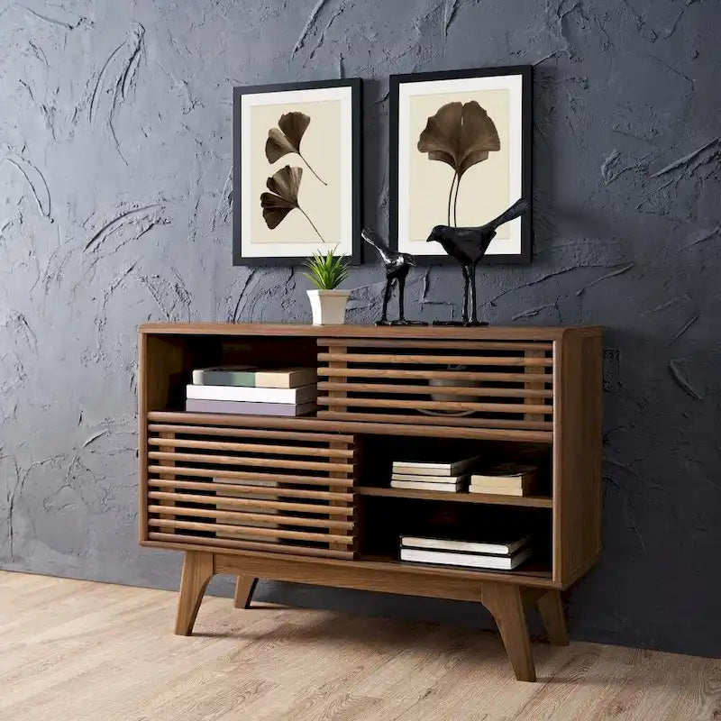 Mid-Century Walnut Display Stand with Sliding Doors