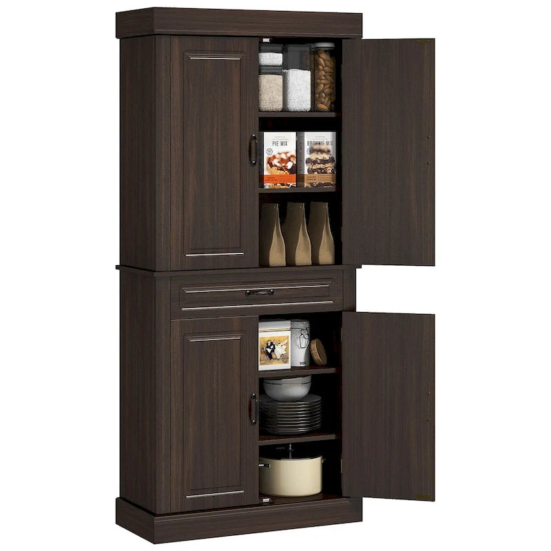 Tall Kitchen Pantry Cabinet with 4 Doors and Wide Drawer
