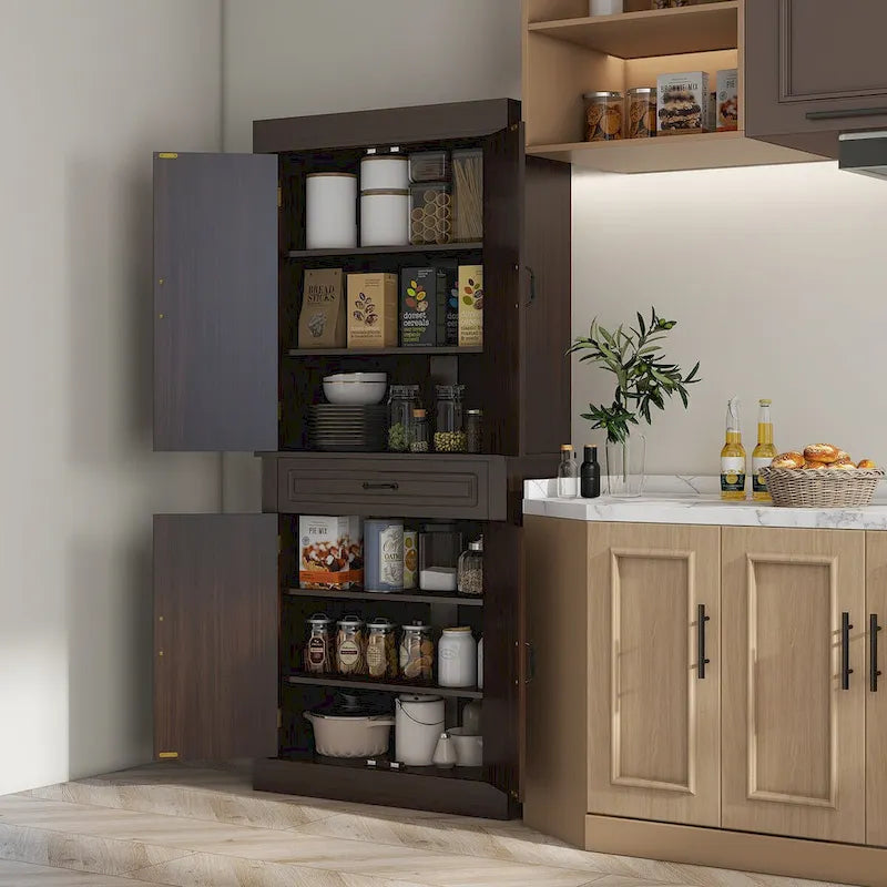 Tall Kitchen Pantry Cabinet with 4 Doors and Wide Drawer