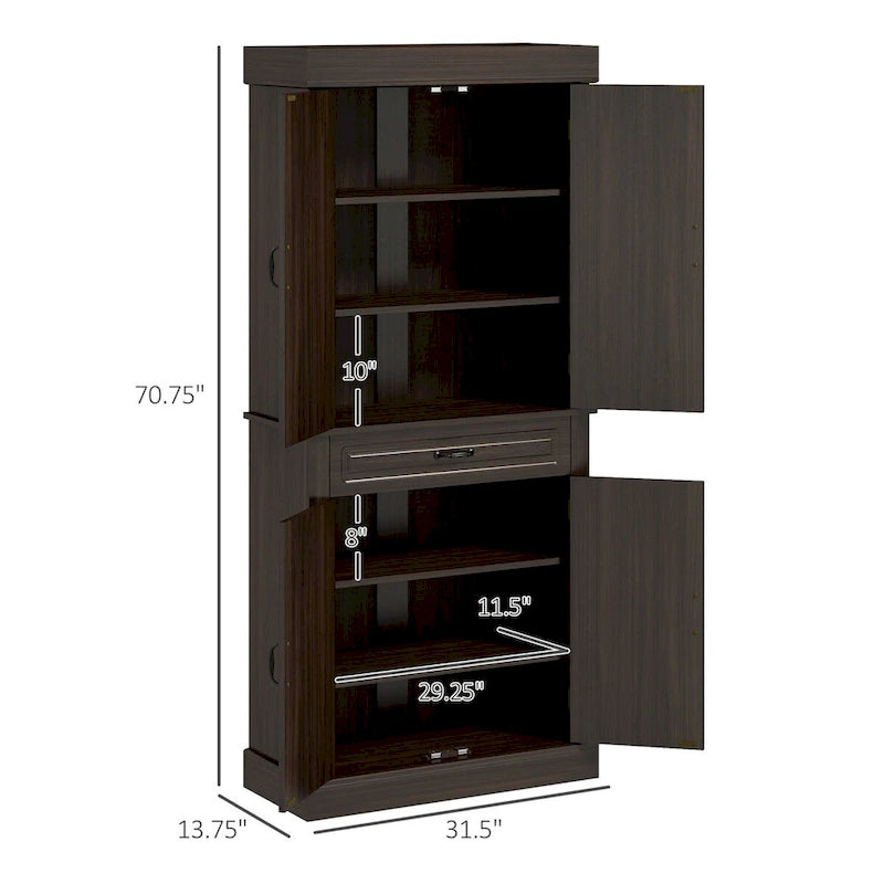 Tall Kitchen Pantry Cabinet with 4 Doors and Wide Drawer