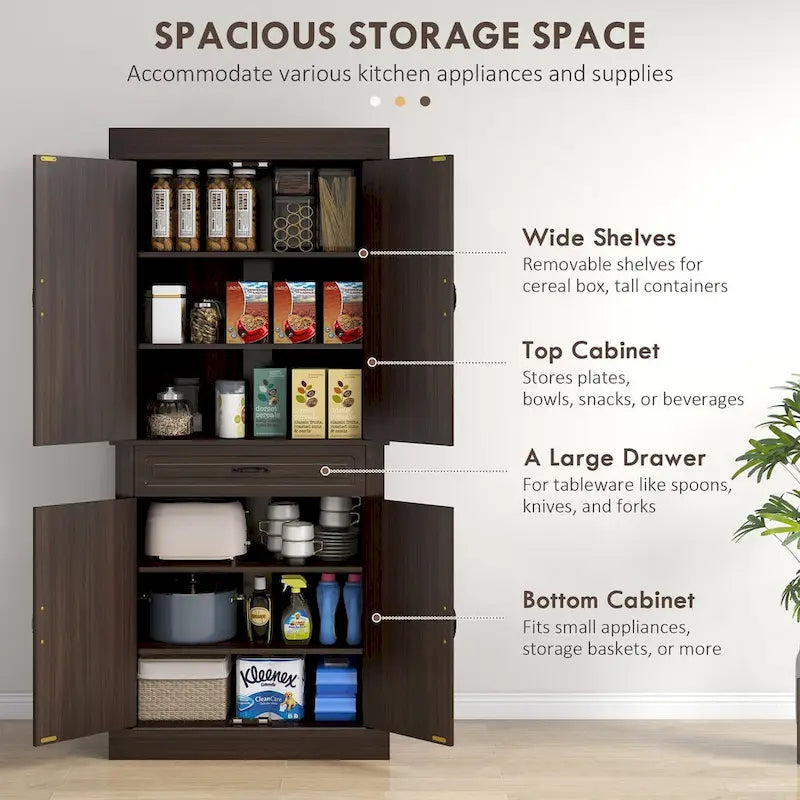 Tall Kitchen Pantry Cabinet with 4 Doors and Wide Drawer