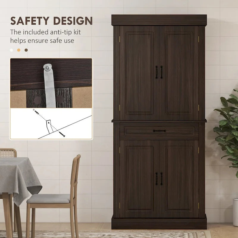 Tall Kitchen Pantry Cabinet with 4 Doors and Wide Drawer