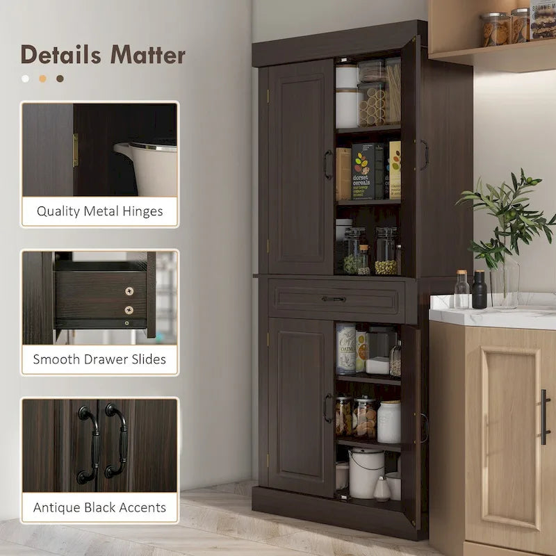 Tall Kitchen Pantry Cabinet with 4 Doors and Wide Drawer