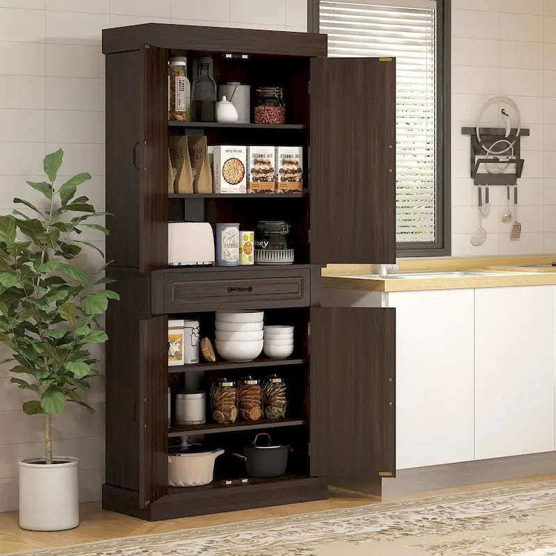 Tall Kitchen Pantry Cabinet with 4 Doors and Wide Drawer