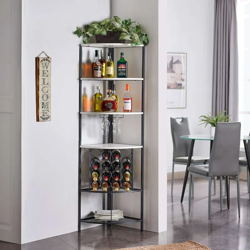 Corner Wine Rack with 4 Wood Shelves, 2 Stemware Racks and Wire Wine Rack