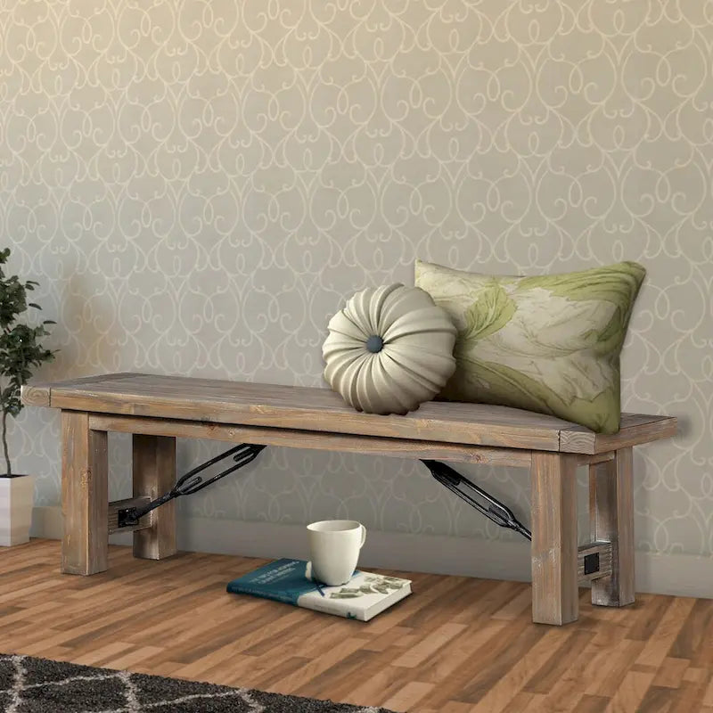 Brown Acacia Wood Bench with Block Legs
