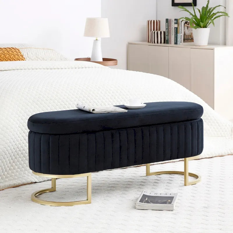 Oval Sherpa Storage Bench with Gold-Tone Metal Legs