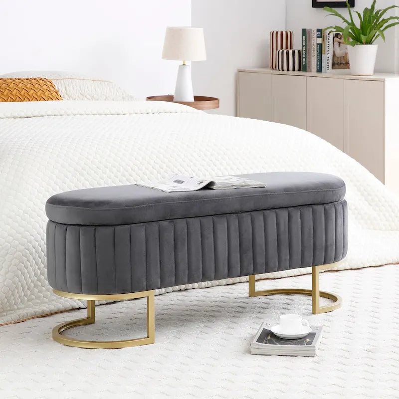 Storage Bench Bedroom Bench,Velvet Oval Upholstered End of Bed Bench with Golden Metal Legs,50 Storage Ottoman Bench