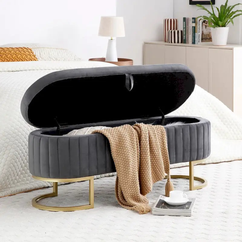 Oval Sherpa Storage Bench with Gold-Tone Metal Legs
