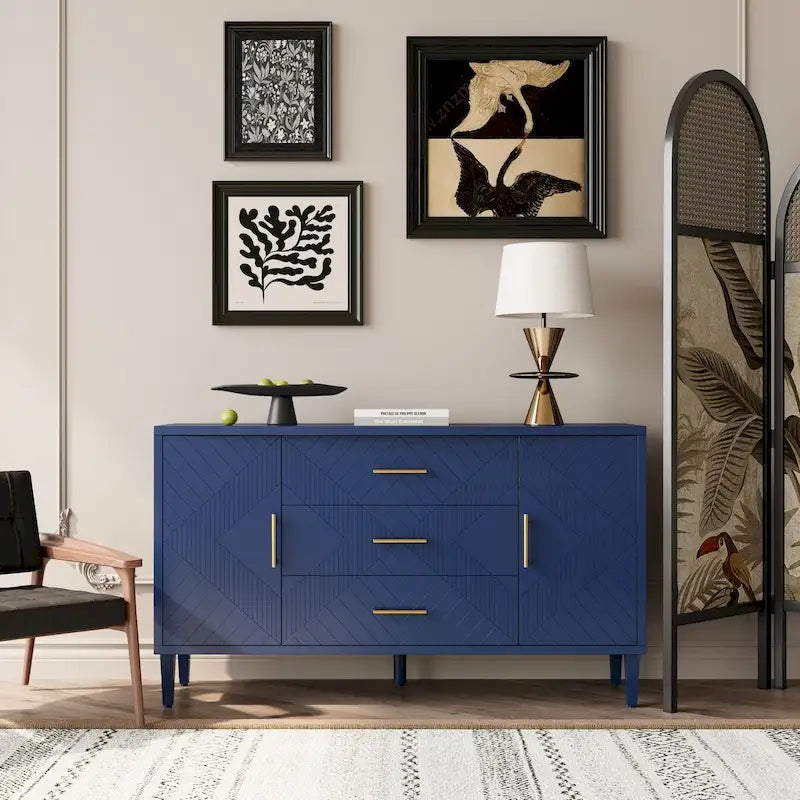 Carved 2-Door Storage Cabinet with 3 Drawers