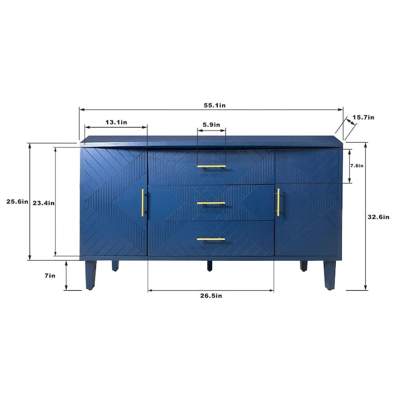 Carved 2-Door Storage Cabinet with 3 Drawers
