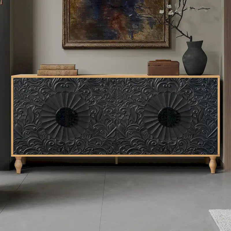 Vintage Carved Door Cabinet with Black Frame