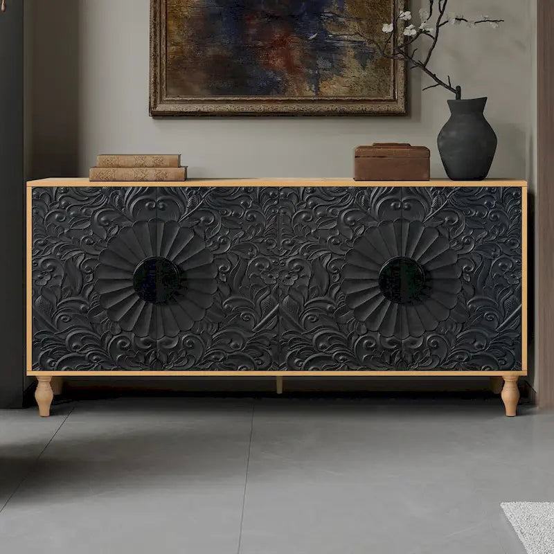 Vintage Carved Door Cabinet with Black Frame