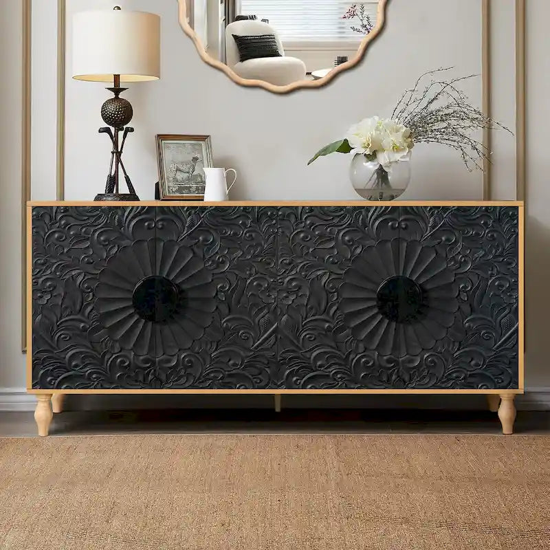 Vintage Carved Door Cabinet with Black Frame