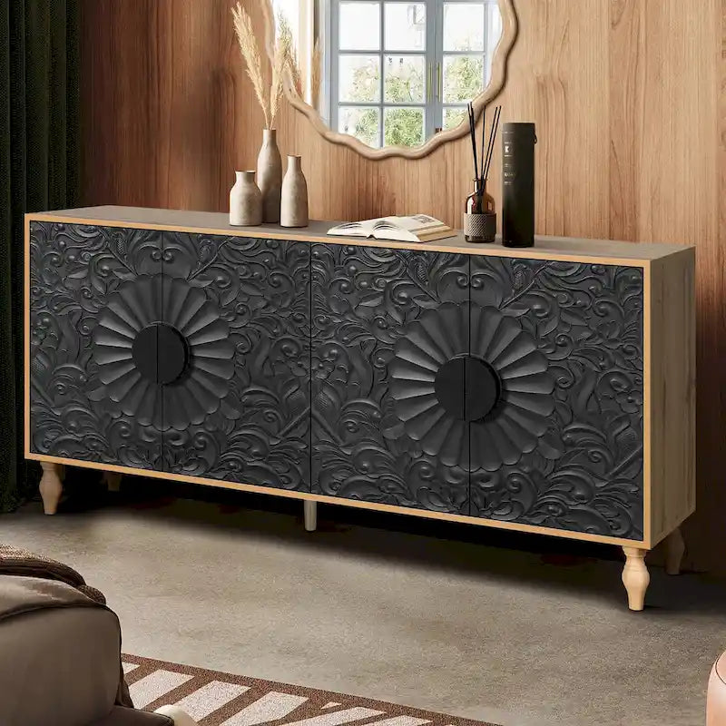 Vintage Carved Door Cabinet with Black Frame