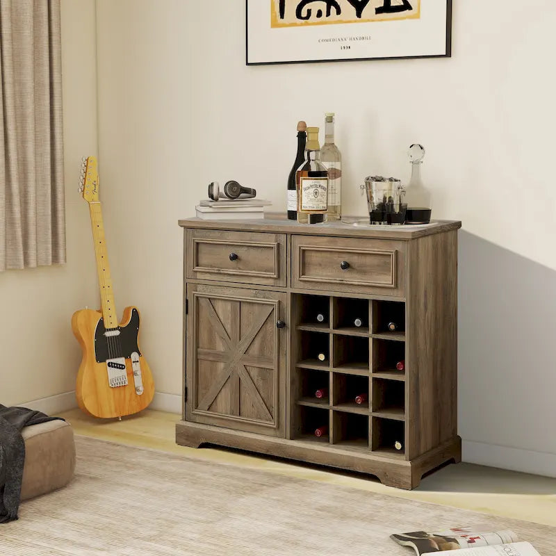 Barn Door Buffet Cabinet with Drawers and Wine Rack