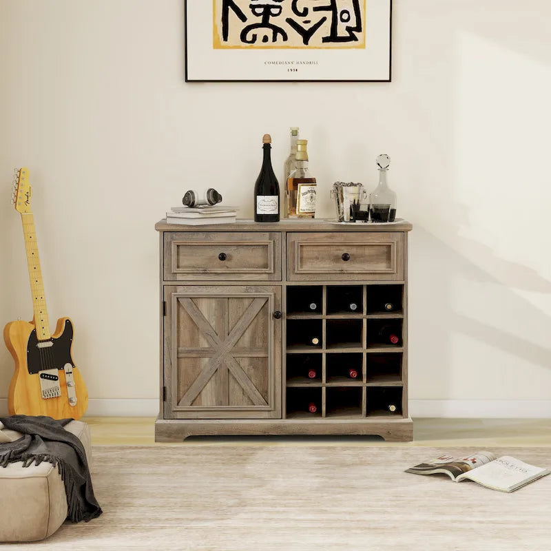 Barn Door Buffet Cabinet with Drawers and Wine Rack