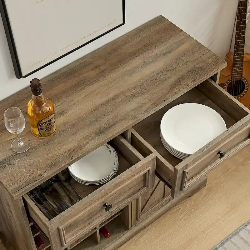Barn Door Buffet Cabinet with Drawers and Wine Rack