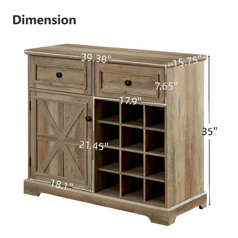 Barn Door Buffet Cabinet with Drawers and Wine Rack