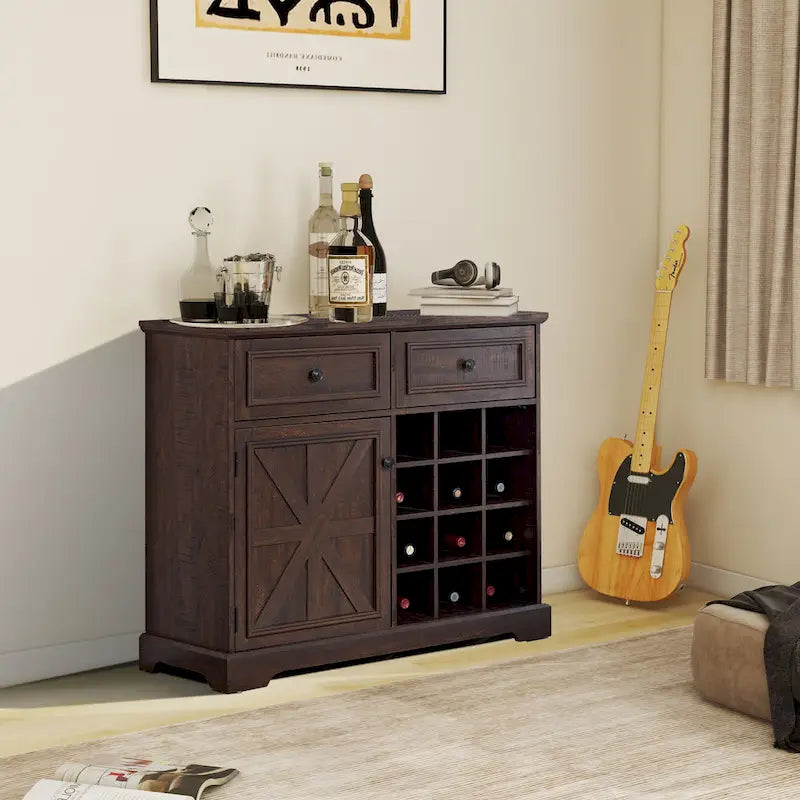 Barn Door Buffet Cabinet with Drawers and Wine Rack
