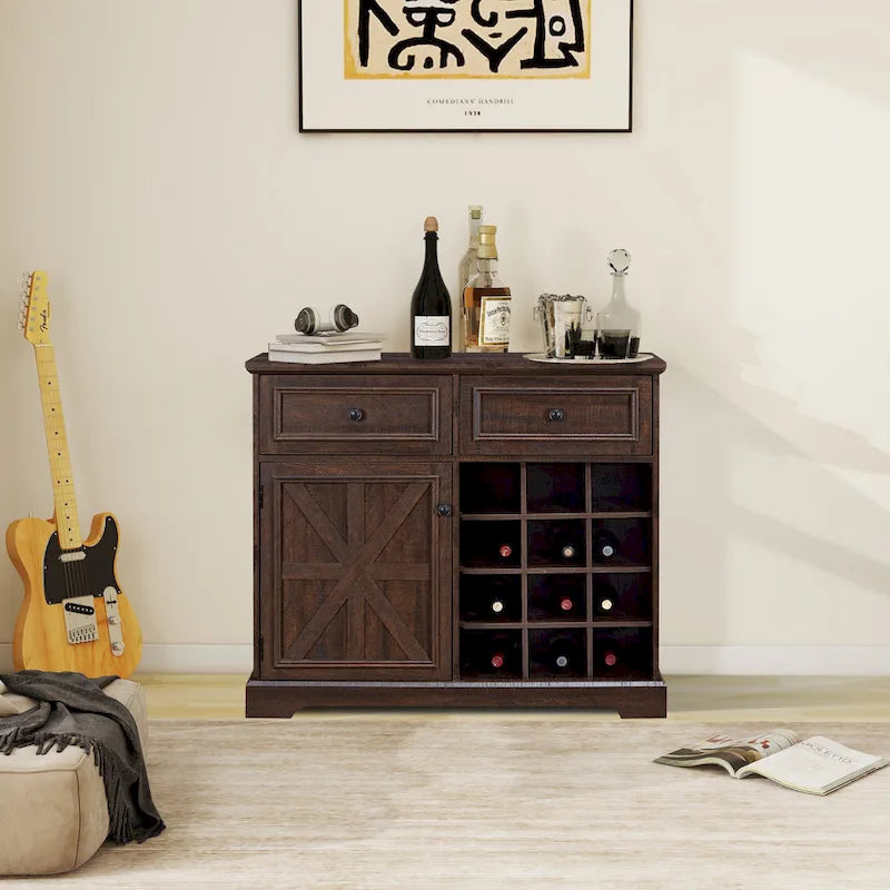 Barn Door Buffet Cabinet with Drawers and Wine Rack