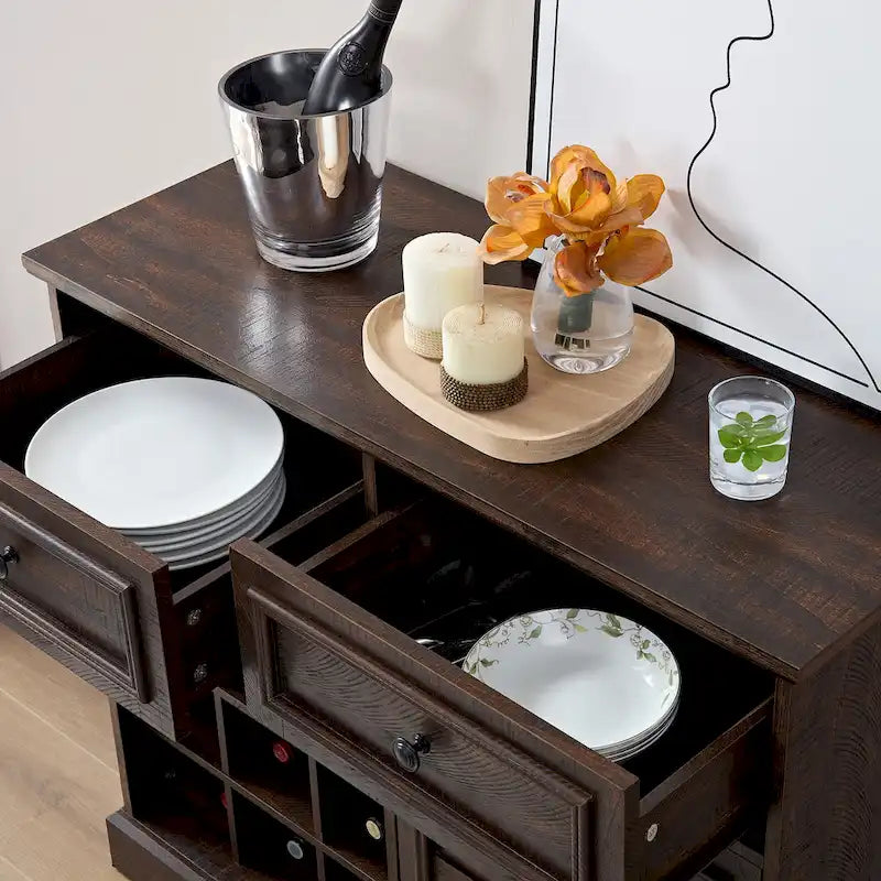 Barn Door Buffet Cabinet with Drawers and Wine Rack