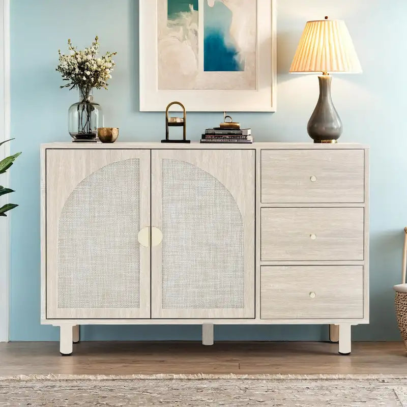 2-Door 3-Drawer Rattan Storage Cabinet