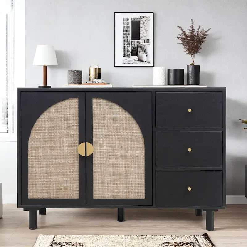 2-Door 3-Drawer Rattan Storage Cabinet