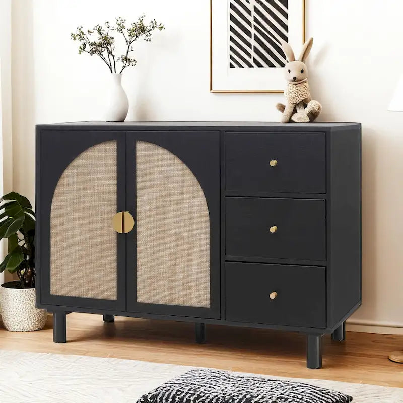 2-Door 3-Drawer Rattan Storage Cabinet