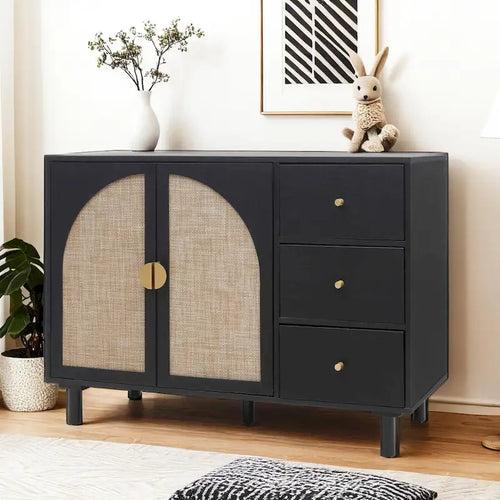 2-Door 3-Drawer Rattan Storage Cabinet