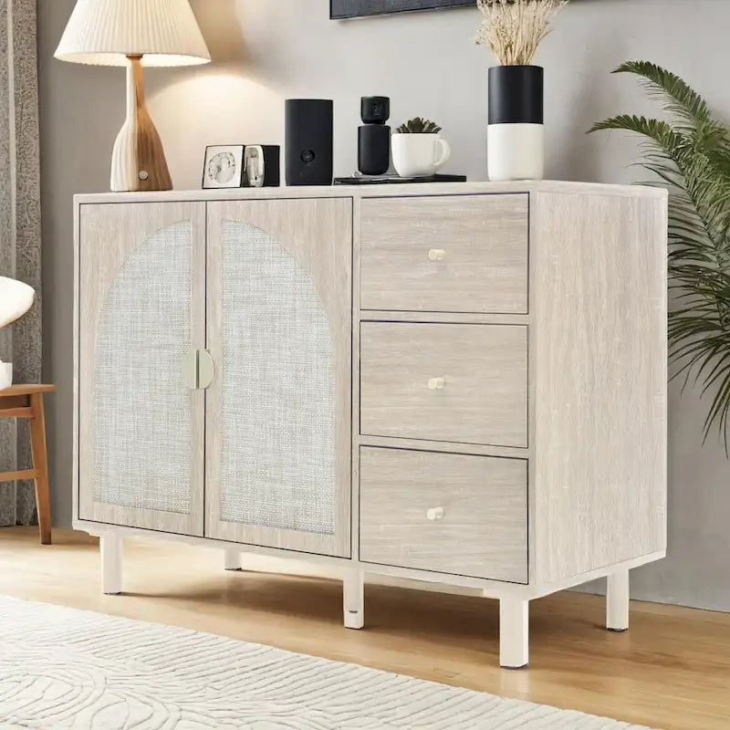 2-Door 3-Drawer Rattan Storage Cabinet