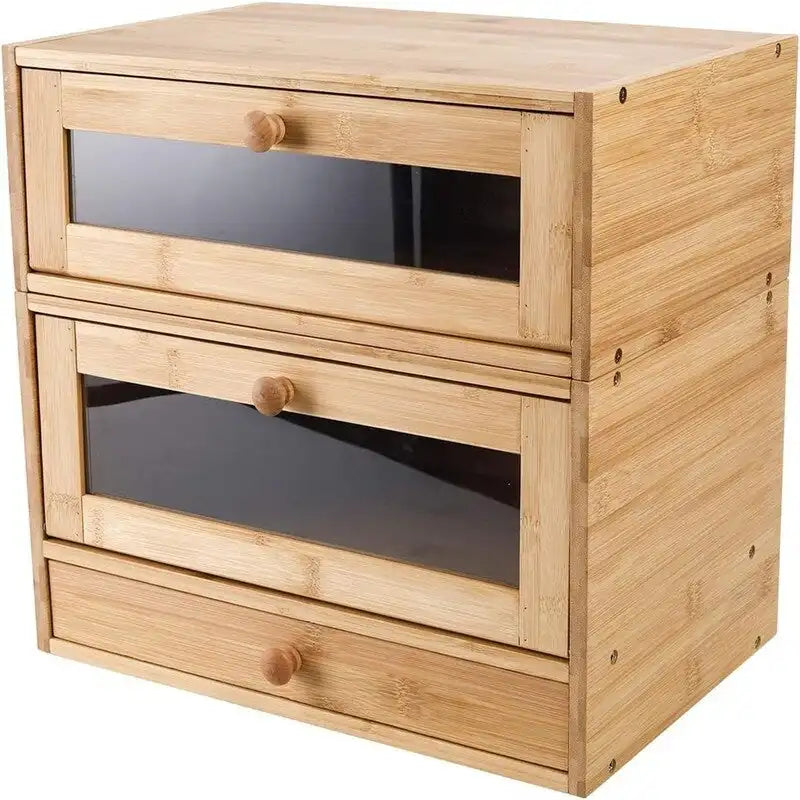 Stackable Two-Tier Bamboo Bread Box with Utensil Tray