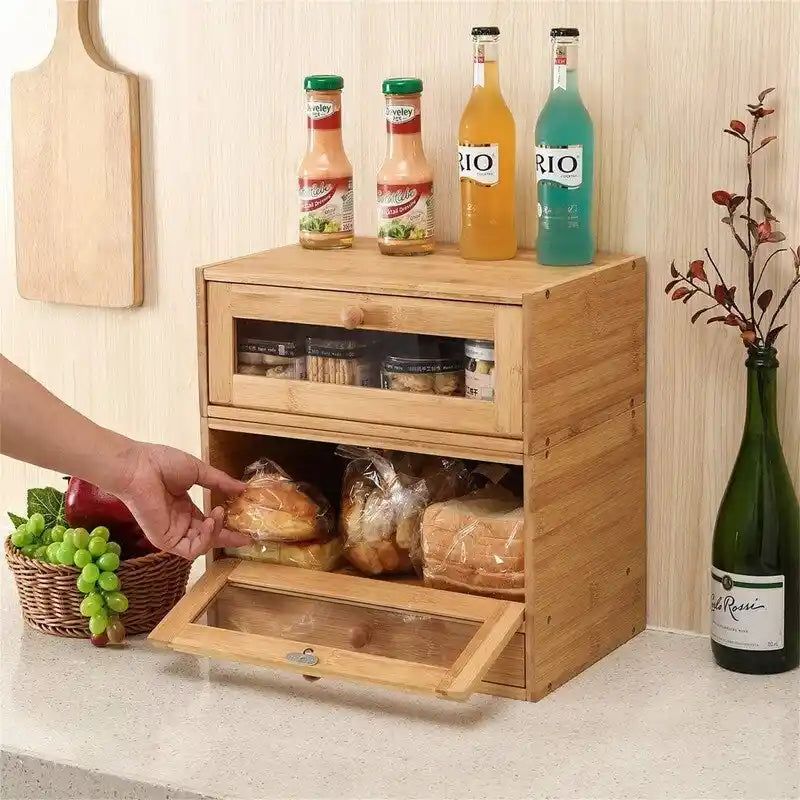 Stackable Two-Tier Bamboo Bread Box with Utensil Tray