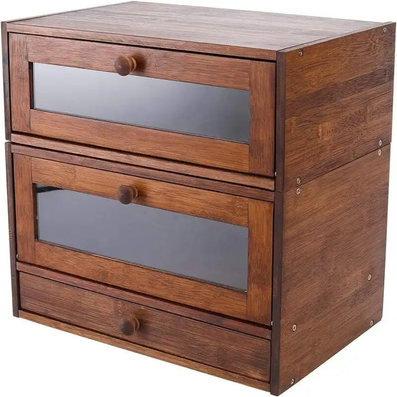 Stackable Two-Tier Bamboo Bread Box with Utensil Tray