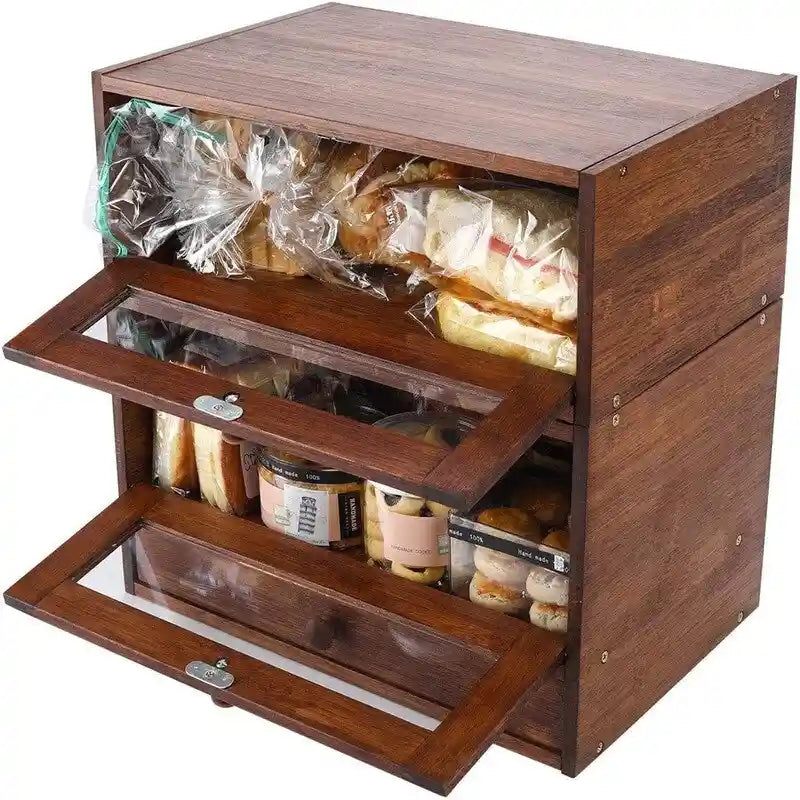 Stackable Two-Tier Bamboo Bread Box with Utensil Tray