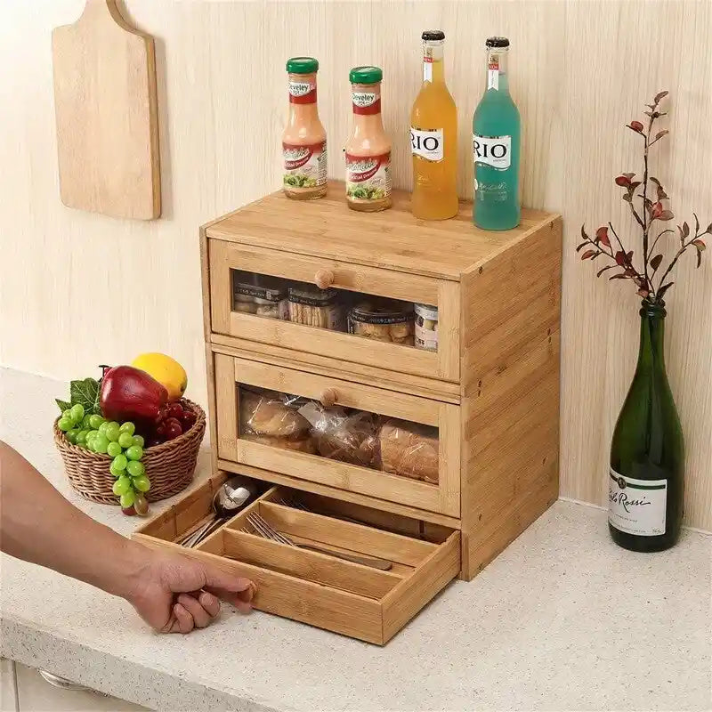 Stackable Two-Tier Bamboo Bread Box with Utensil Tray