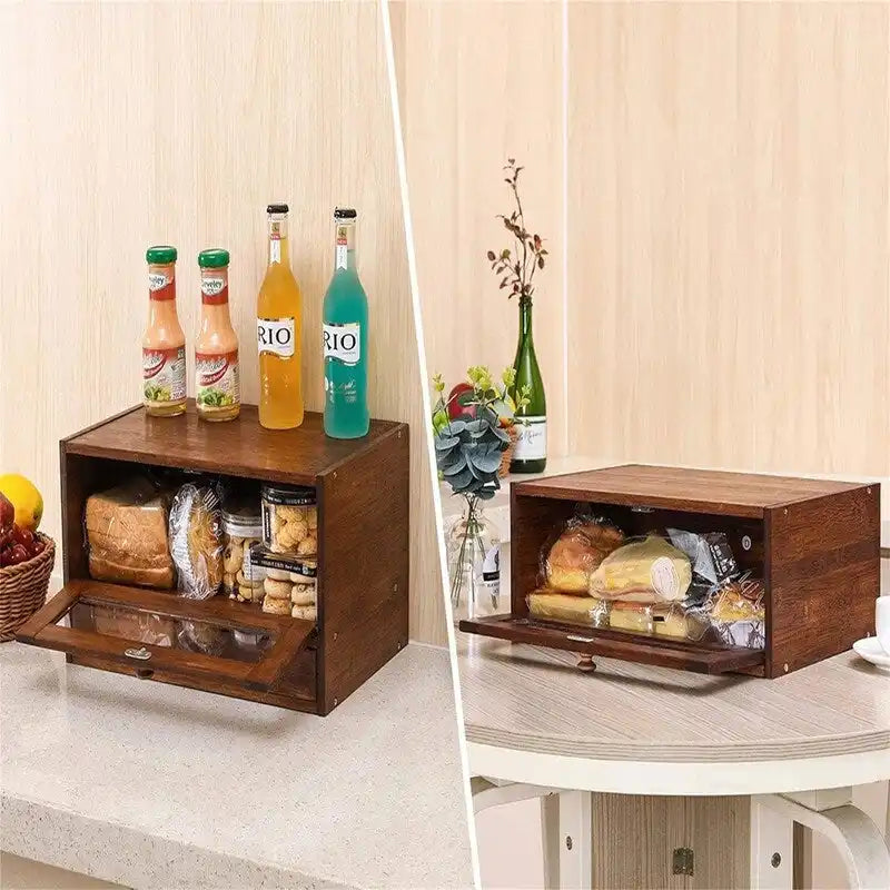 Stackable Two-Tier Bamboo Bread Box with Utensil Tray