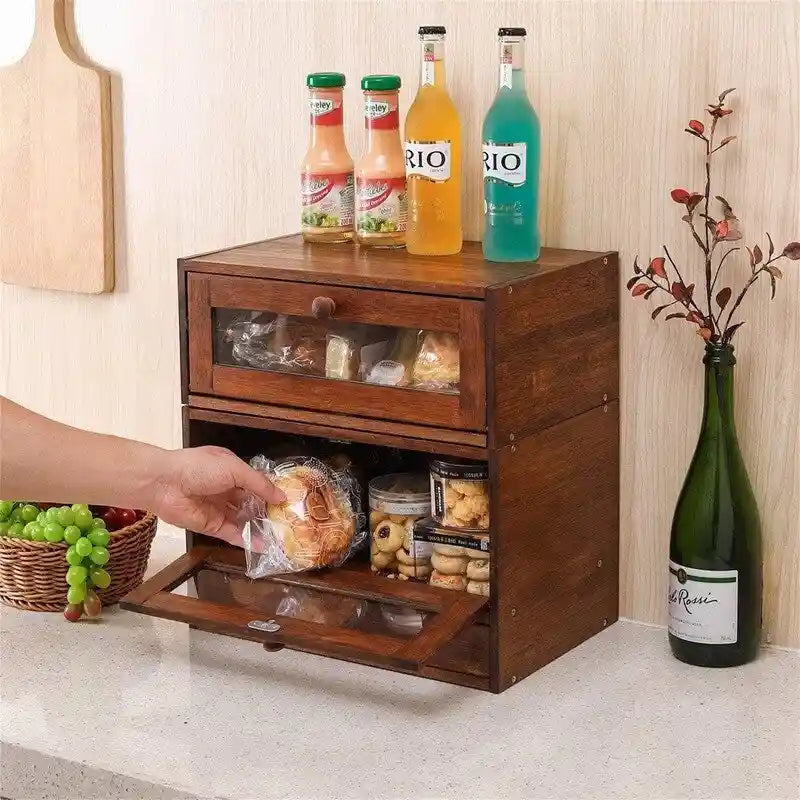 Stackable Two-Tier Bamboo Bread Box with Utensil Tray