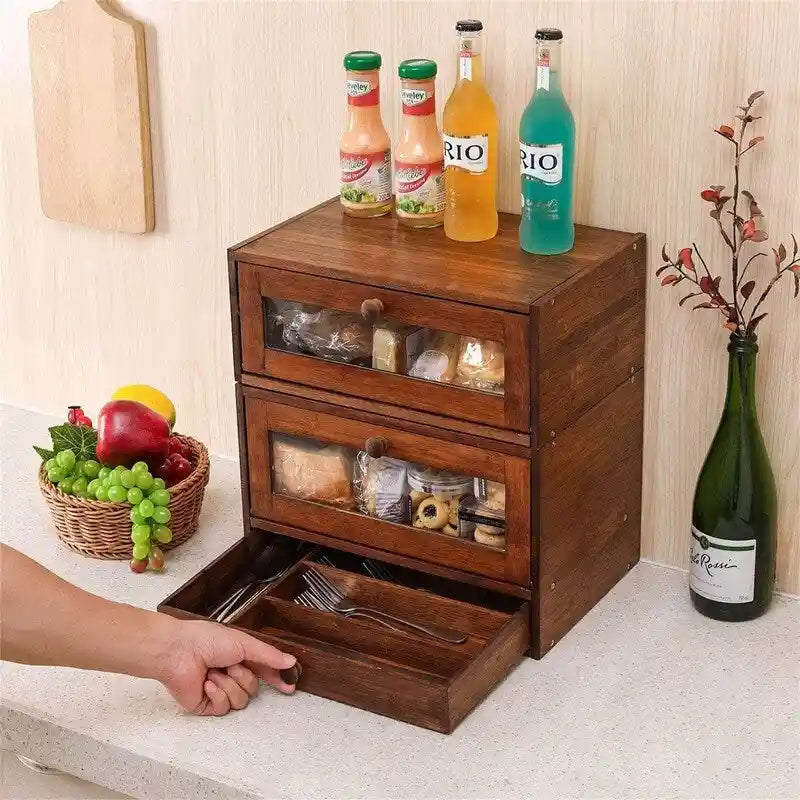 Stackable Two-Tier Bamboo Bread Box with Utensil Tray