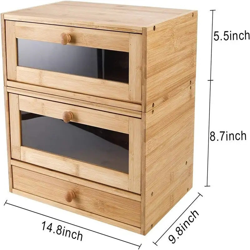 Stackable Two-Tier Bamboo Bread Box with Utensil Tray