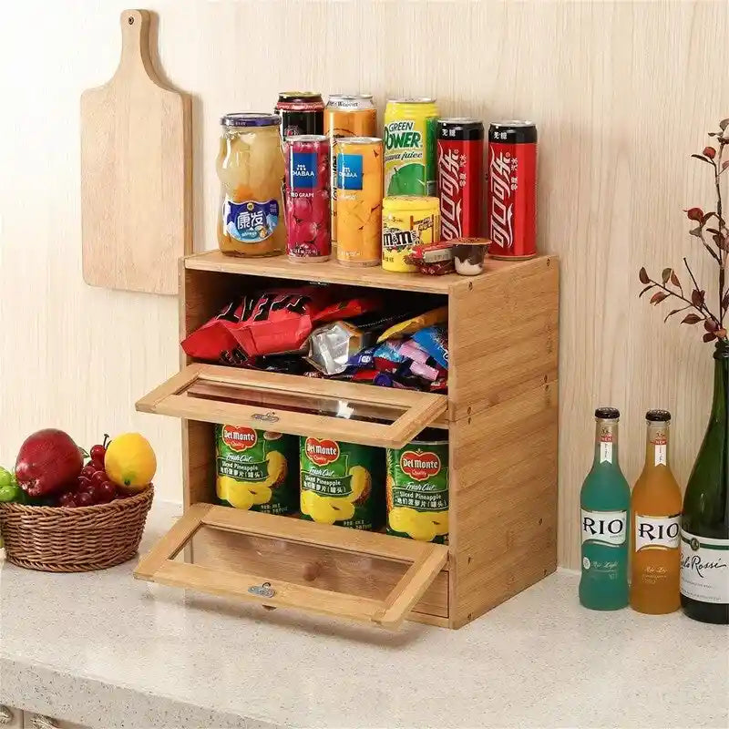 Stackable Two-Tier Bamboo Bread Box with Utensil Tray
