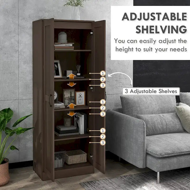 69 Tall Storage Cabinet with Adjustable Shelves and Soft-Close Doors, Coffee