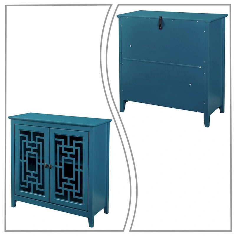 Teal Blue Vintage-Style Sideboard with Glass Doors