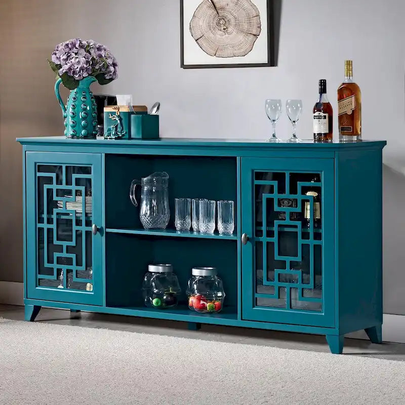 Teal Blue Vintage-Style Sideboard with Glass Doors