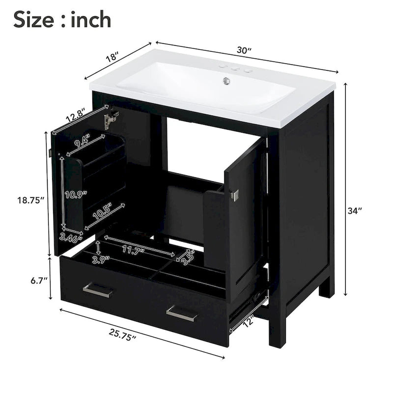 30-Inch Bathroom Vanity with Resin Sink, 2 Doors and Drawer