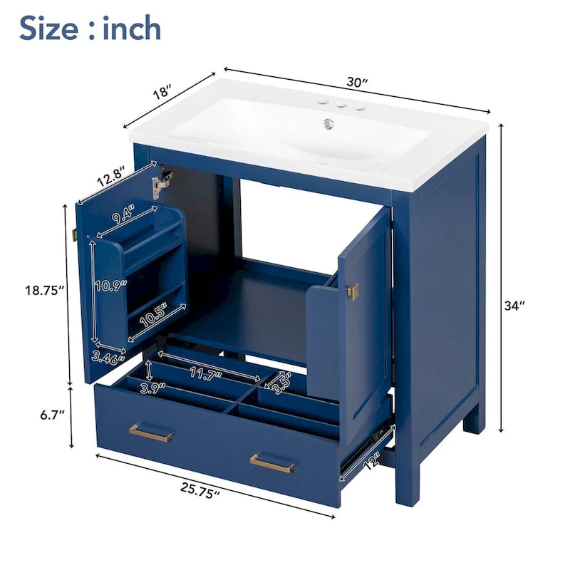 30-Inch Bathroom Vanity with Resin Sink, 2 Doors and Drawer