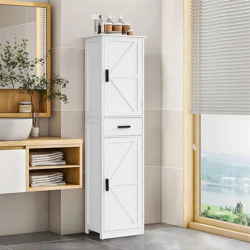 Tall Bathroom Storage Cabinet with 2 Doors and Drawer